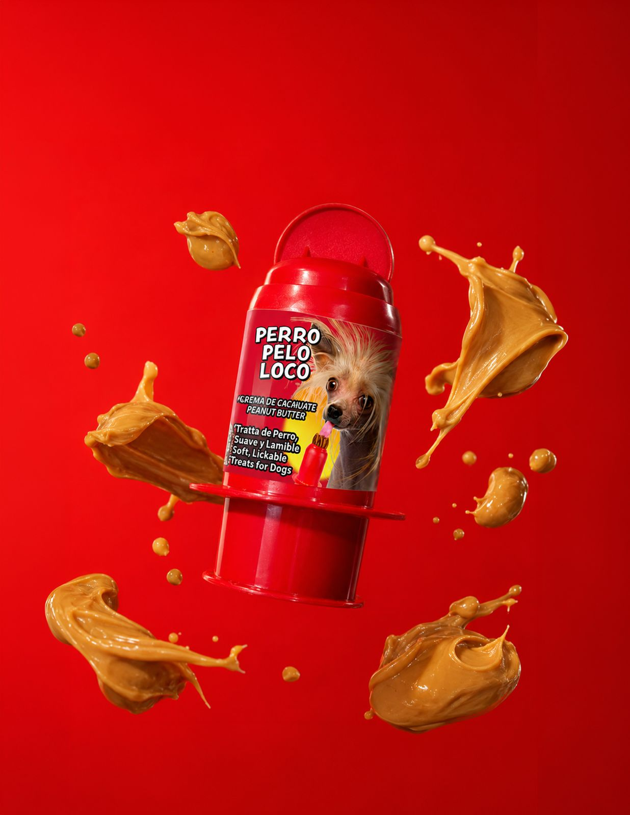 Perro Pelo Loco rodeado de crema de cacahuate